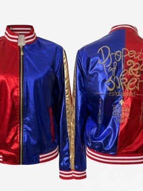 Harley Quinn Inspired Metallic Bomber Jacket Joker Puddin Cosplay Villain Coat